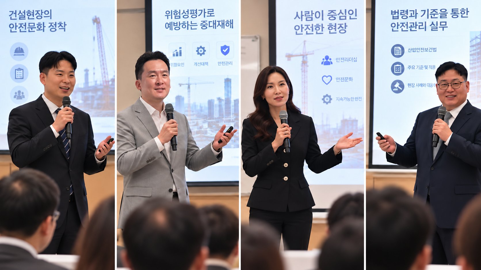 안전융합기술원 전문가들이 건설안전, 위험성평가, 안전문화, 법령 실무를 강의하는 모습